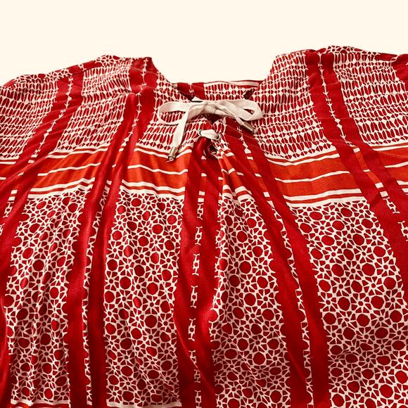 DREAMS & CO. SHORT SLV TIE- UP V-NECK TUNIC LOUNGER, WOMENS, 1X 22/24-RED/WHITE - Picture 3 of 12